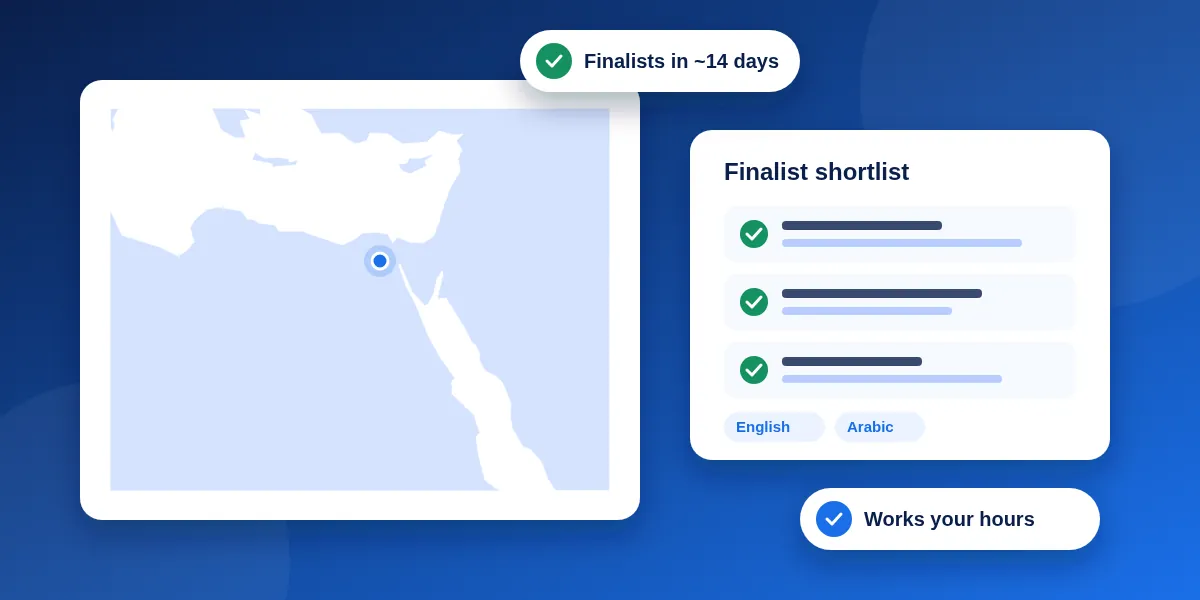 Abstract illustration: a map highlighting Egypt next to a shortlist of tested finalists, with English and Arabic language tags