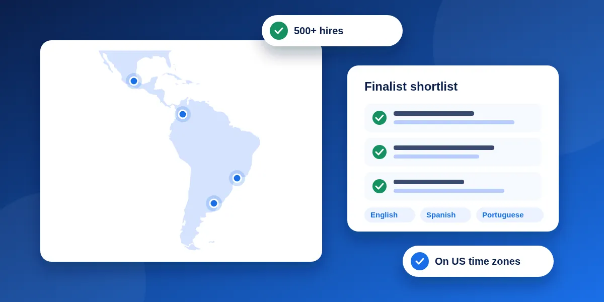 Abstract illustration: a map of Latin America with Mexico, Colombia, Brazil and Argentina highlighted next to a shortlist of tested finalists