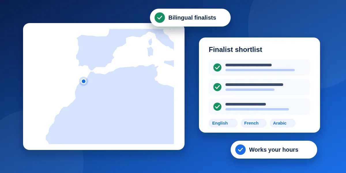 Abstract illustration: a map highlighting Morocco next to a shortlist of tested finalists, with English, French and Arabic language tags