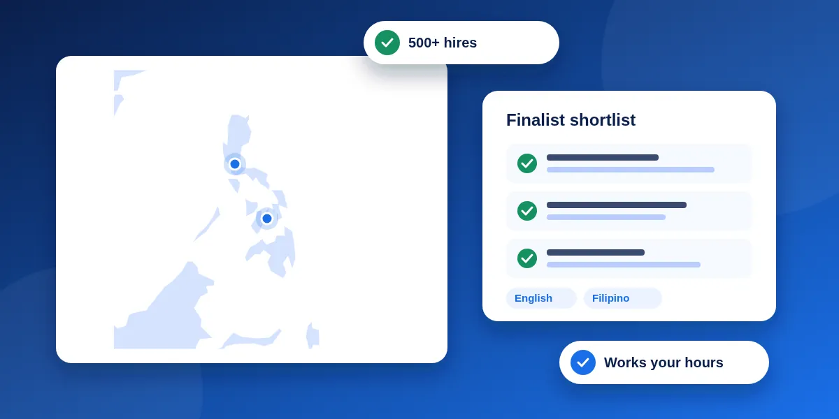Abstract illustration: a map of the Philippines with Manila and Cebu highlighted next to a shortlist of tested finalists