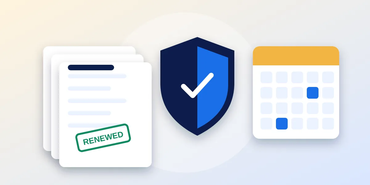 Abstract illustration of an insurance agency back office: a shield icon, a stack of policy documents with one stamped renewed, a certificate of insurance and a calendar marking renewal dates
