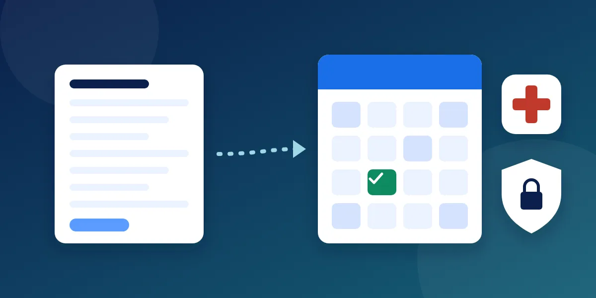 Abstract illustration of a clinic's back office: a referral document moving into a calendar slot, a medical cross icon, a shield with a lock and a confirmation check mark