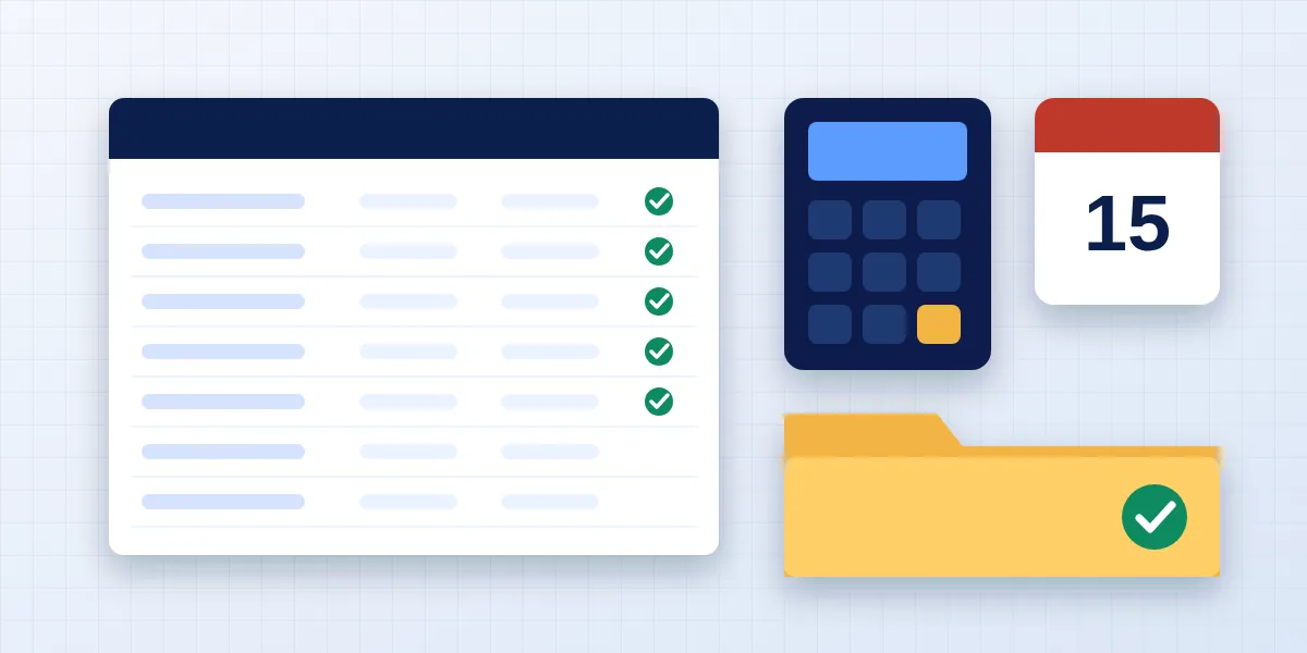 Abstract illustration of an accounting workflow: a ledger grid with reconciled rows ticked, a calendar marking a filing deadline, a calculator and a document folder with a review check mark