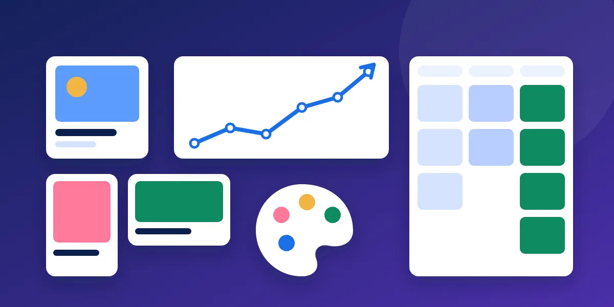 Abstract illustration of an agency delivery board: ad creative cards in different sizes, a performance chart trending up, a colour palette and a task board with cards moving to done