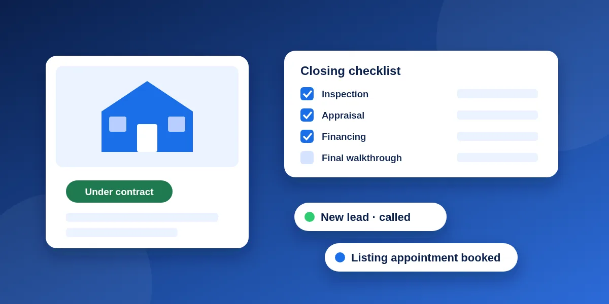 Illustration of a real estate back office: a house card with a status chip marked under contract, a closing-date checklist with deadlines ticked off, and a CRM showing a new lead with an appointment booked