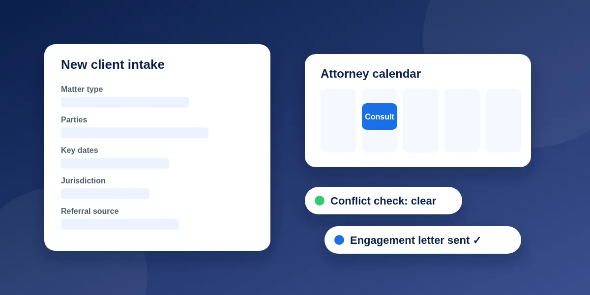 Illustration of a law firm's intake desk: an intake form with captured case details, a conflict check marked clear, a consultation booked on the attorney's calendar and an engagement letter sent for e-signature