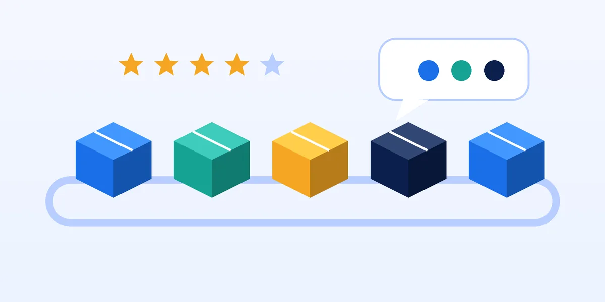 Abstract illustration of five colourful parcels on a looping conveyor, a star rating and a chat bubble