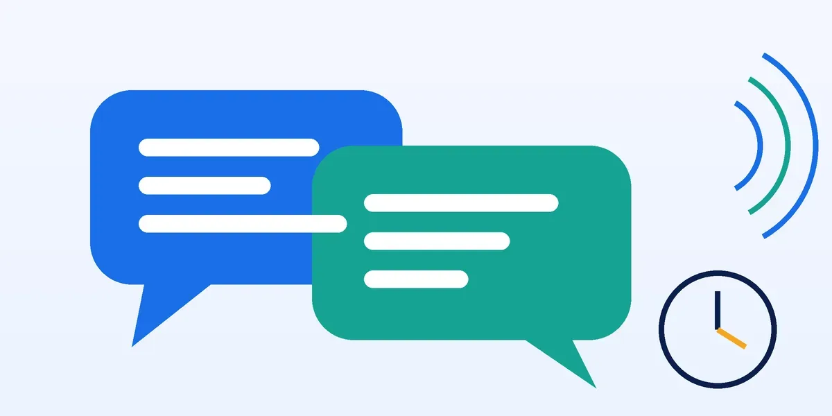 Abstract illustration of two overlapping speech bubbles in blue and green, sound waves and a clock face