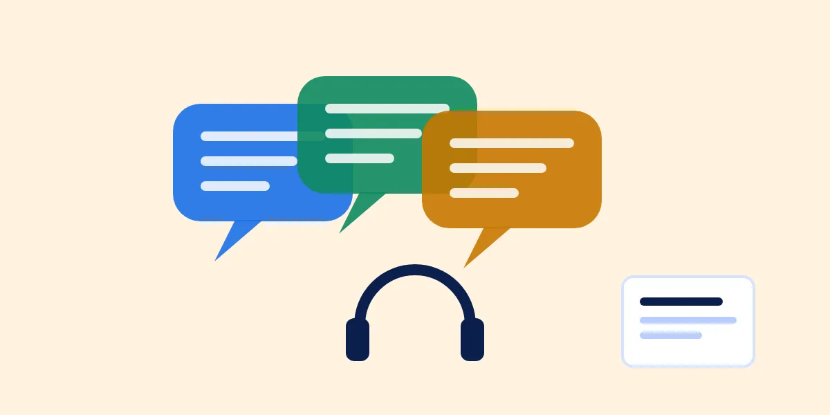 Abstract illustration of three overlapping speech bubbles in different colours connected to a single headset icon and a help-desk ticket