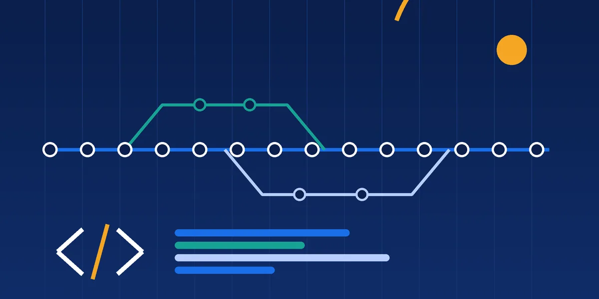 Abstract illustration of a code branch graph with merging lines, code brackets and a rising sun on a dark blue grid