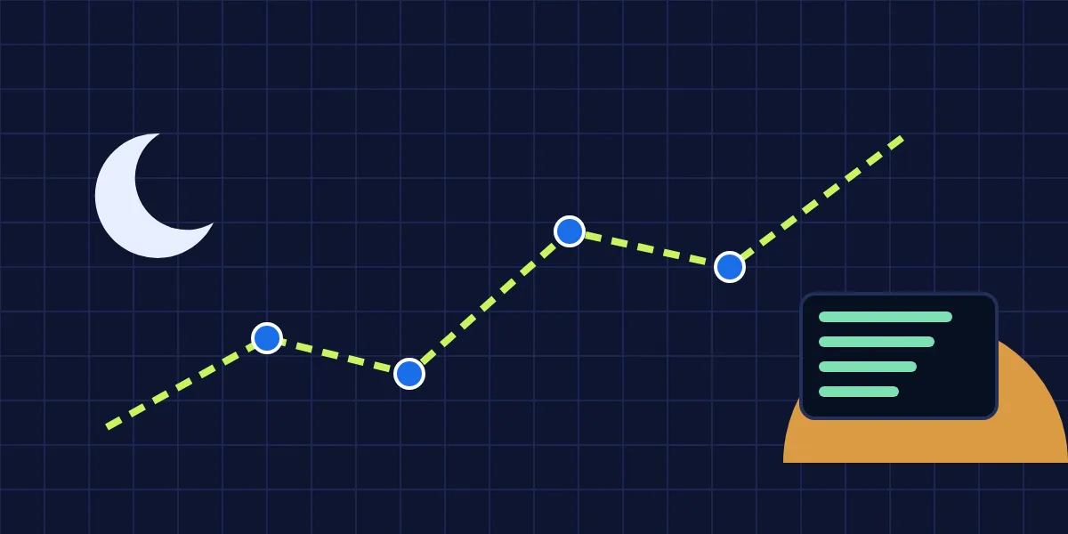 Abstract illustration of a night-blue map grid with route lines, a crescent moon and a sunrise arc meeting over a dispatch board