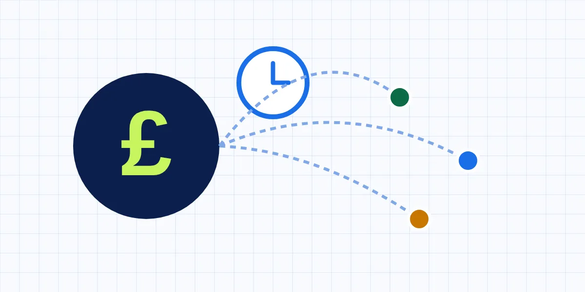 Abstract illustration of a pound sign and a clock face joined by route lines to three markers on a stylised map grid