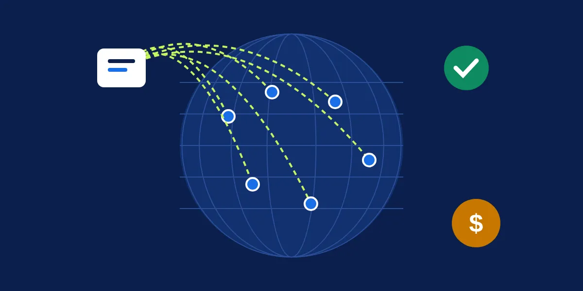 Abstract illustration of a globe with connected routes between hiring markets and a client office, with contract, check and currency symbols along the routes