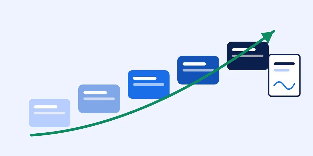 Abstract illustration of a rising pipeline of deal cards moving into a signed-contract shape, with a phone handset and a calendar tile