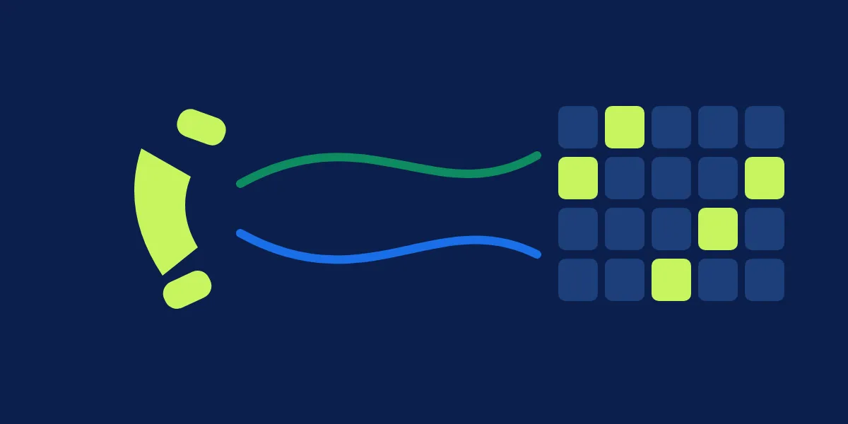 Abstract illustration of a phone handset connected by two speech lines, one green and one blue, to a calendar grid with booked meeting slots