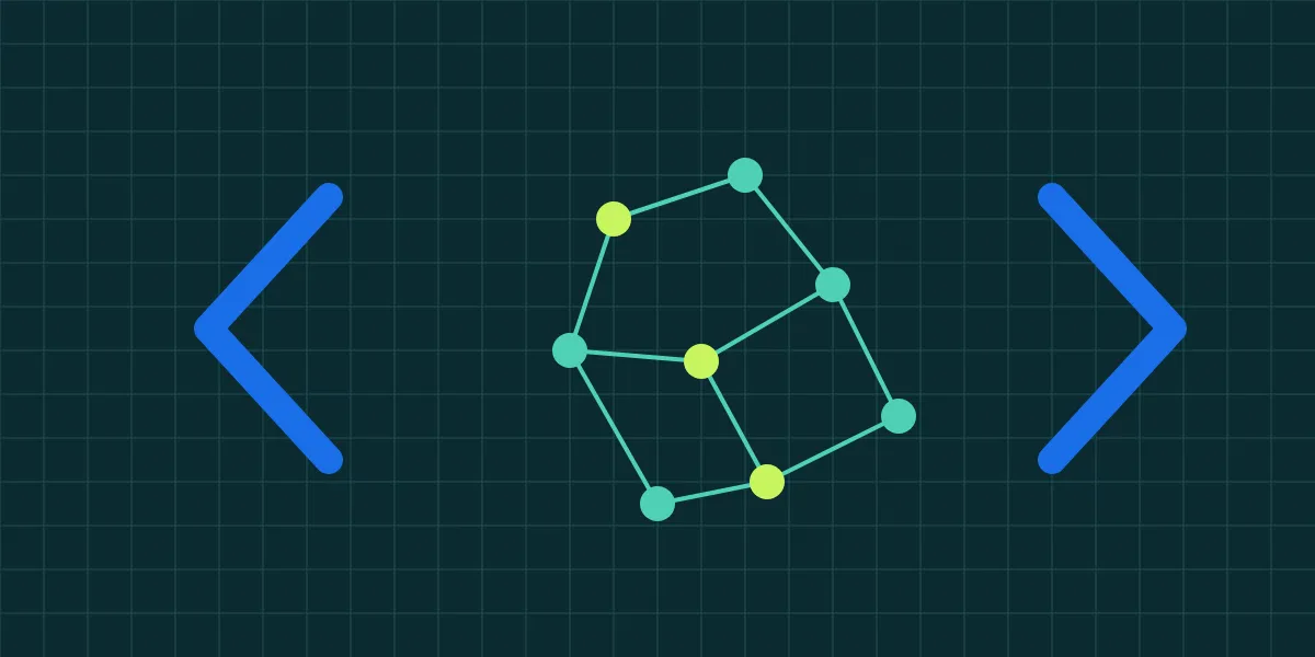 Abstract illustration of interlocking code brackets and a node graph over a stylised map grid of Central and Eastern Europe