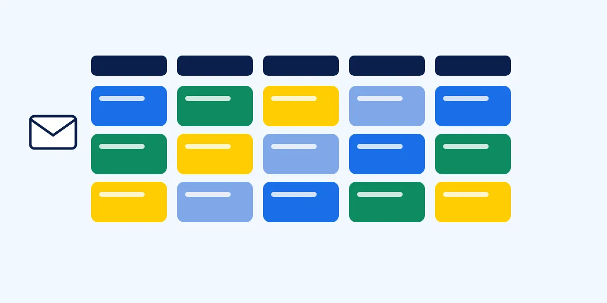 Abstract illustration of a weekly planner grid with coloured task blocks, an envelope and a calendar tile, in yellow, blue and green