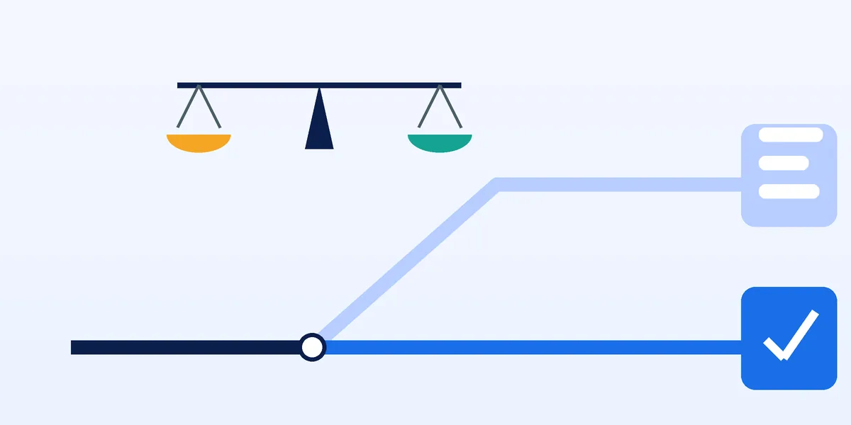 Abstract illustration of a path forking into two routes, one ending in a list tile and one in a check-marked tile, under a balance beam