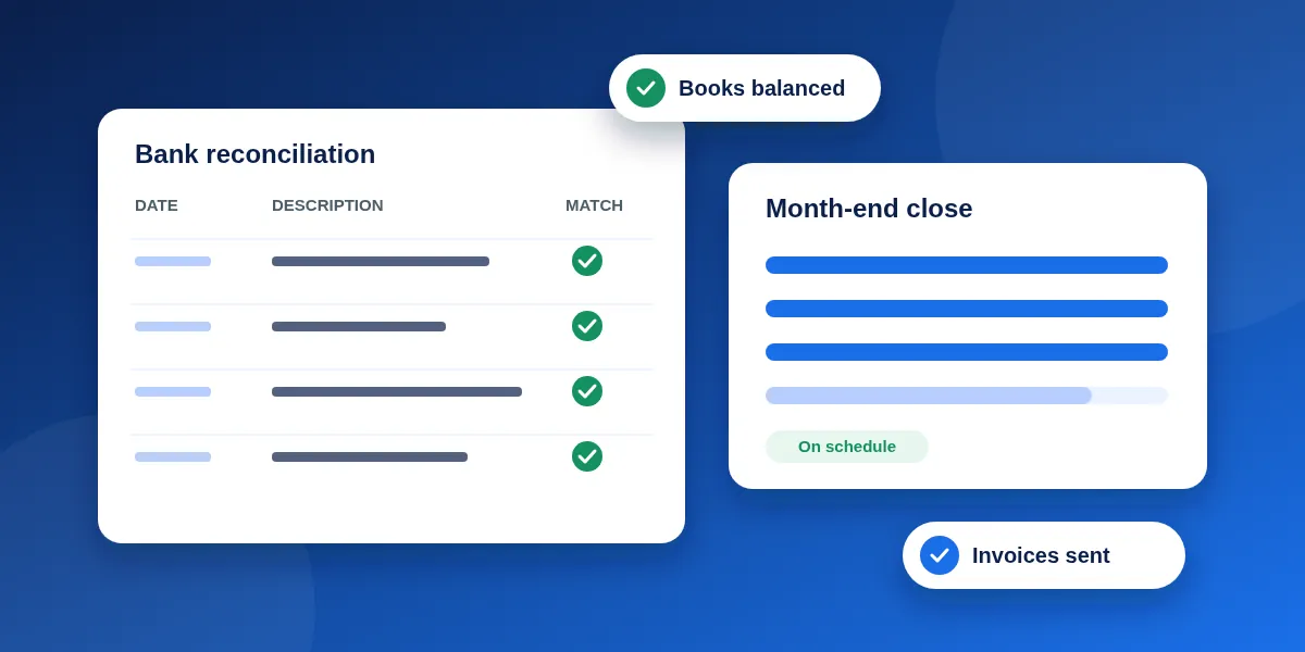 Illustration of remote bookkeeping: a bank reconciliation with every line matched, a month-end close on schedule and invoices sent