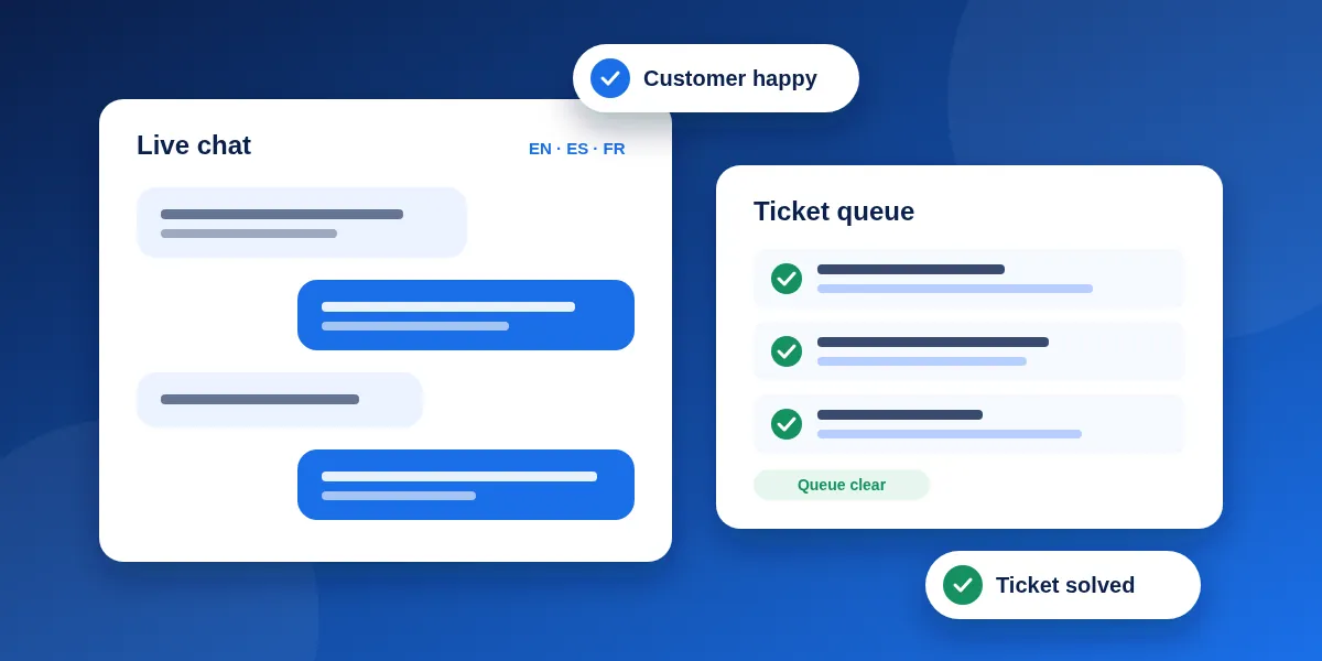 Illustration of remote customer support: a live chat in several languages, a ticket queue cleared and a ticket marked solved