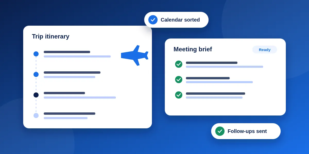 Illustration of an executive assistant's work: a trip itinerary, a meeting brief marked ready, a sorted calendar and follow-ups sent