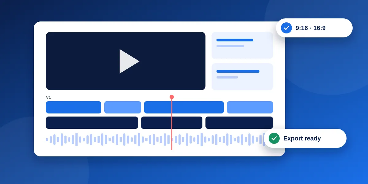Illustration of remote video editing: an editing timeline with video and audio tracks, a preview window and an export marked ready in two aspect ratios