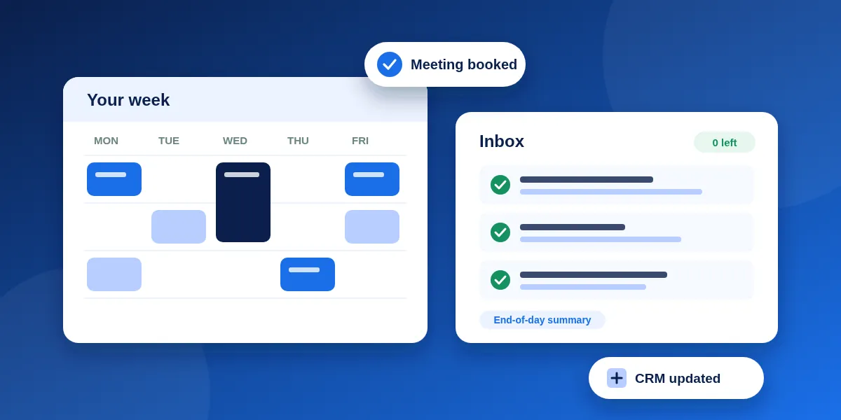 Illustration of a virtual assistant's workday: a weekly calendar with meetings booked, an inbox cleared to zero and the CRM updated